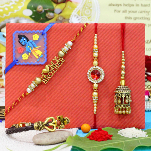 Set of 5 Rakhis - Bracelet with Lumba, American Diamond, Fancy and Kids Rakhis
