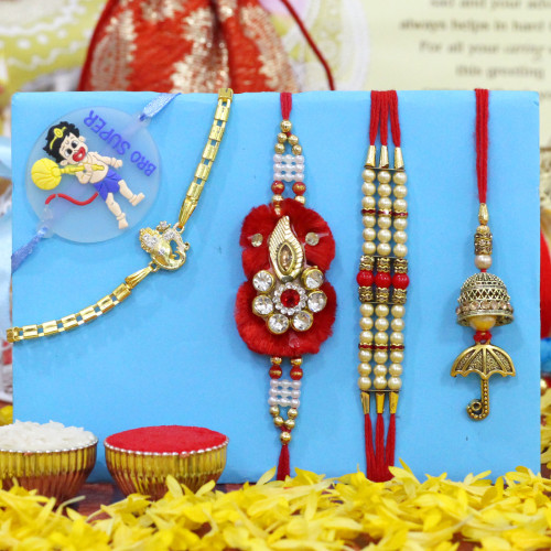 Set of 5 Rakhis - Golden Plated with Pearl, Fancy, Lumba and Kids Rakhi