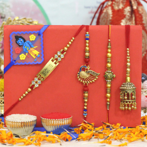 Set of 5 Rakhis - Bracelet with Lumba, Diamond, Mauli and Kids Rakhis