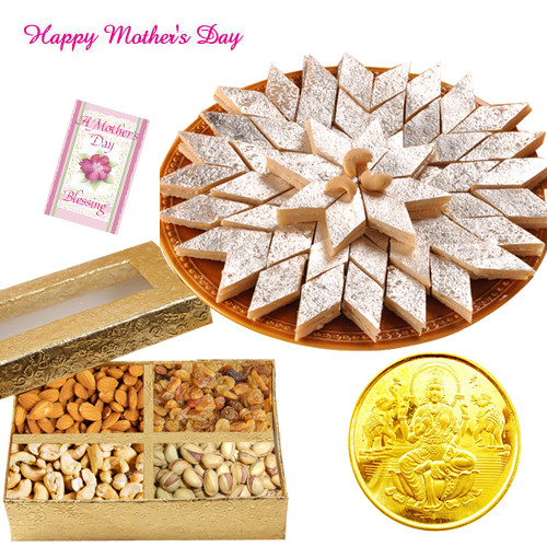 Gold Coin 1 gms, Kaju Katli 250 gms, Assorted Dryfruits 200 gms in Box and Card