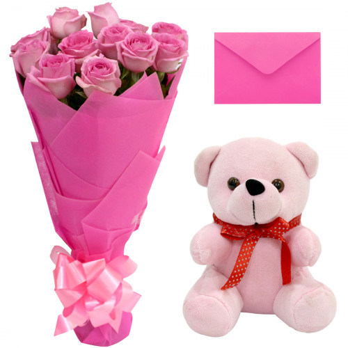 Small Wonder - 10 Pink Roses Bunch, Teddy 6 inch + Card