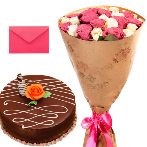 Stunning Hamper - 12 Pink and White Roses, 1/2 Kg Chocolate Cake + Card