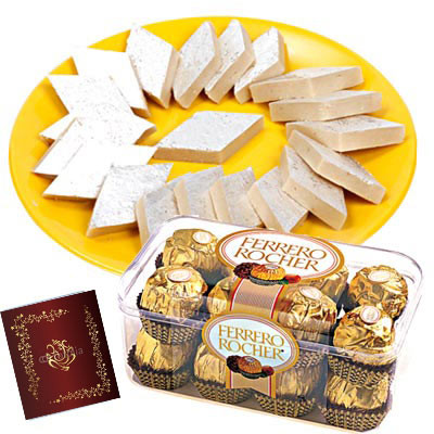 Wedding Sweets with Chocolates - Kaju Katli 250 gms, Ferrero Rocher 16 pcs and Card