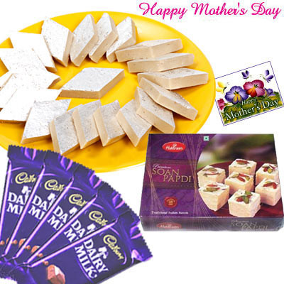 Sweets n Chocolates - Kaju Katli 250 gms, Haldiram Soan Papdi 250 gms, 5 Dairy Milk and Card
