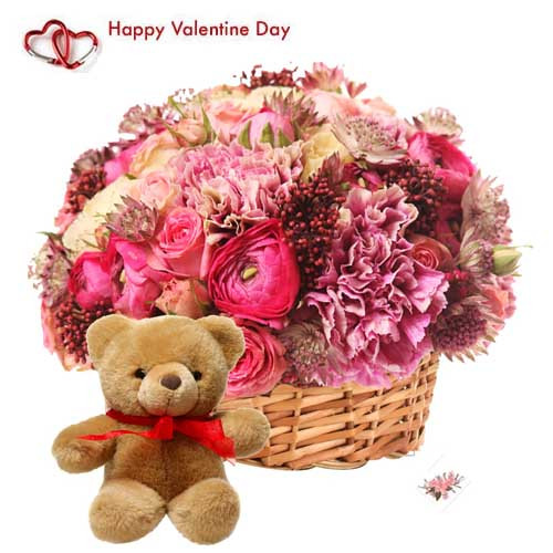 Burst Of Love - 10 Exotic Flowers Basket + Teddy + Card