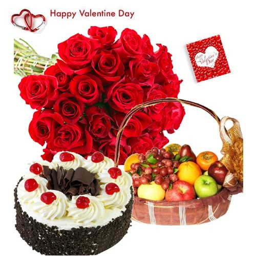 More Sweet for You - 20 Red Roses Bouquet, Black Forest Cake 1/2 Kg, 2 Kg Fruits in Basket and Card