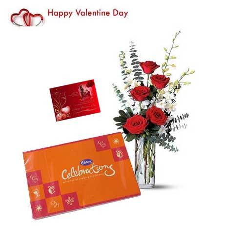 Beautiful Combination - 10 White Orchids & 6 Red Roses in Vase + Cadbury Celebration