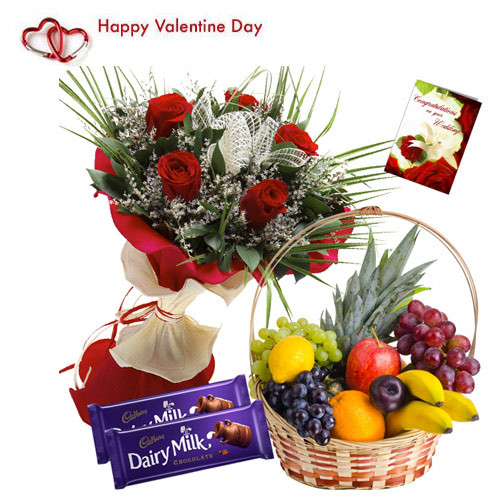 Perfectly Lovable - 12 Red Roses Bouquet, 3 Kg Fruits in Basket, 2 Dairy Milk 20 gms Each and Card