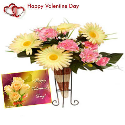 Mixed Arrangement - 10 Artificial Mixed Flowers Vase + Valentine Greeting Card