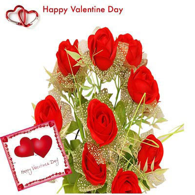 Artificial Red Roses - 12 Artificial Red Roses Bouquet + Valentine Greeting Card