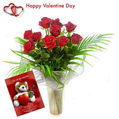 Red Roses Vase - 10 Artificial Red Roses Vase + Valentine Greeting Card
