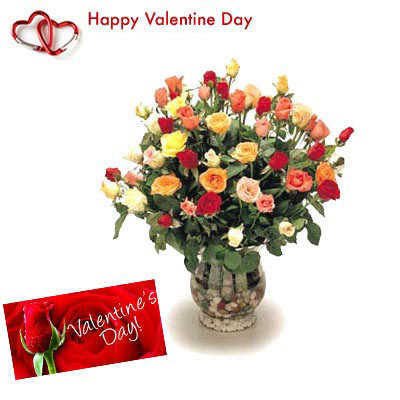 Mix Roses - 25 Artificial Mix Roses Vase + Valentine Greeting Card