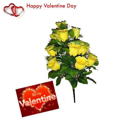 Yellow Roses - 10 Artificial Yellow Roses + Valentine Greeting Card