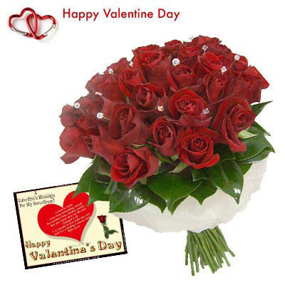 Red Bunch - 25 Artificial Red Roses Bunch + Valentine Greeting Card