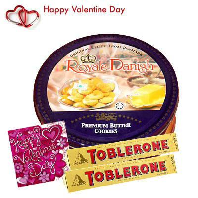 Valentine Choco Hamper - Danish Butter Cookies 454 gms + 2 Toblerone + Valentine Greeting Card