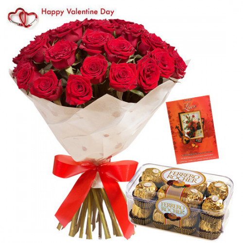 Lovely Valentine Feelings - 10 Red Roses Bunch + Ferreo Rocher 16 pcs + Card