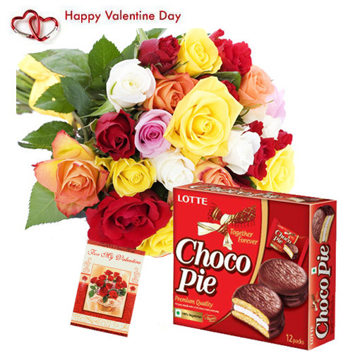 Valentine Chocopie - 15 Mix Roses + Chocopie 330 gms + Card