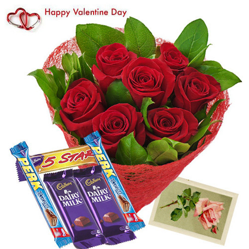 Valentine Choco Treat - 12 Red Roses + 5 Cadbury Chocolates + Card