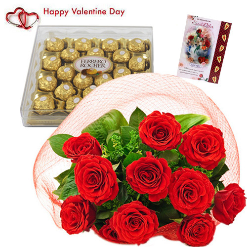 Valentine Ferrero Chocos - 12 Red Roses + Ferrero Rocher 24 pcs + Card