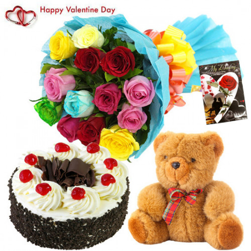 Valentines Delight - 10 Mix Roses in Bunch, 1/2 kg Black Forest Cake, Soft Toy 6 inch & Valentine Greeting Card