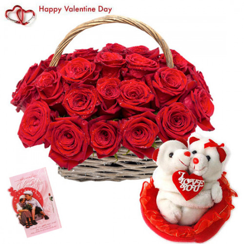 Valentine Cute Couple - 20 Red Roses Basket + Couple Teddy with Heart + Card