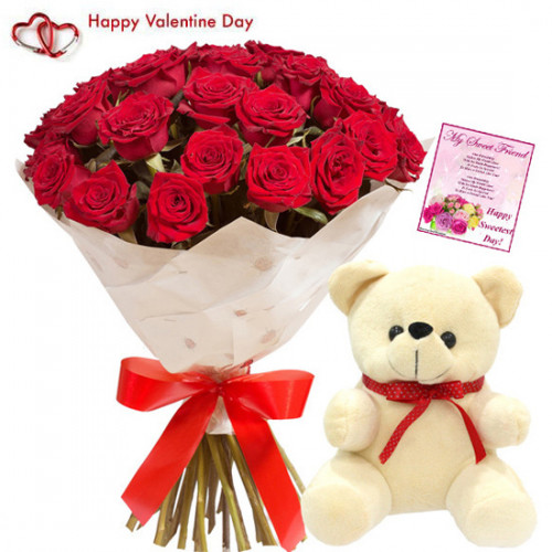 Flower with Teddy - 10 Red Roses Bunch + Teddy 6 inch + Card