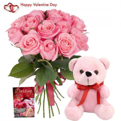 Love Combo - 12 Pink Roses in Bunch, Teddy 6 inch and Card