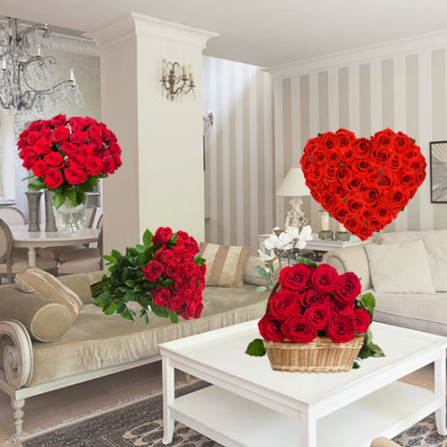 Room Full of Roses - 50 Red Roses Heart + 10 Red Roses Bunch + 12 Red Roses Vase + 15 Red Roses Basket + Card