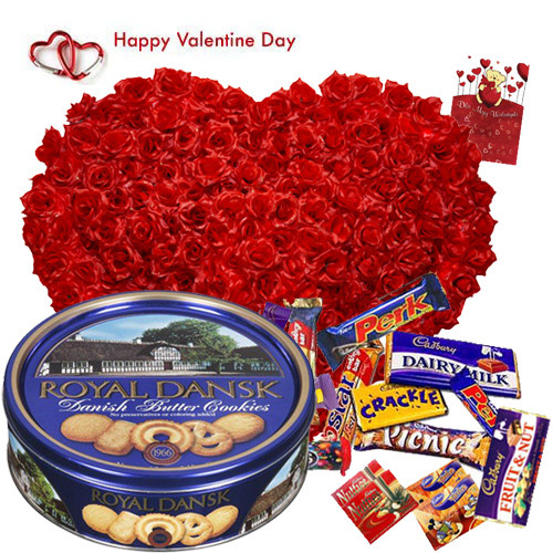 Grand Gift - 150 Roses Heart Shape Arrangement, Danish Cookies, 25 pcs Cadbury Chocolates and Card