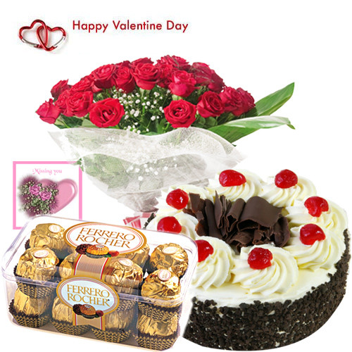 Valentines Choco Delight - 12 Red Roses+ 16 pcs Ferrero Rocher + 1/2 kg Black Forest Cake + Card