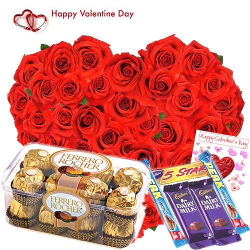 Delicious Hamper - 50 Red Rose Heart Shape Arrangement, Ferrero Rocher 16 pcs, 5 Assorted Bars and Card