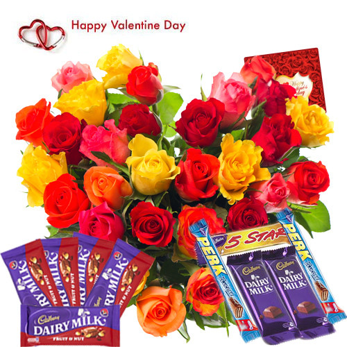 Wonderful Assortment - 40 Mix Roses Heart Shape Arrangement, Assorted Chocolates 5 pcs, 5 Fruit & Nut and Card