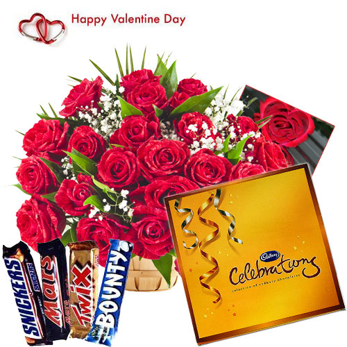 Love Celebration - 50 Red Rose in Basket, Snickers, Mars, Bounty, Twix, Cadbury's Celebrations Pack and Card
