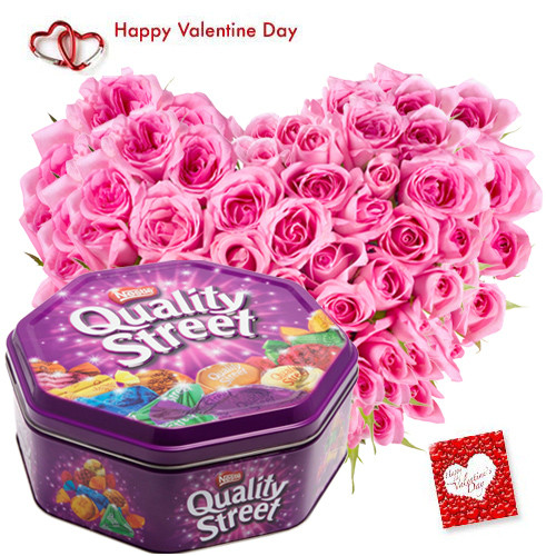 Heart of Love - Heart Shape Arrangement 30 Pink Roses, Nestle Quality Street and Card