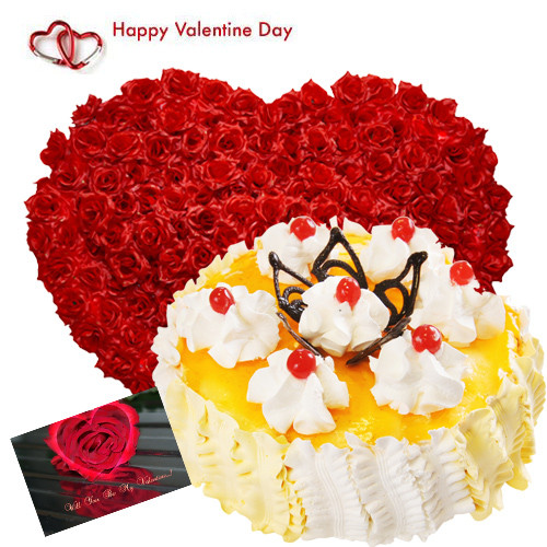 Delicious Treat - 200 Red Roses Heart Shape, Pinaapple Cake 2 kg and Card