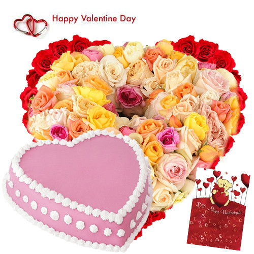 Flower with Cake - 100 Life Size Arrangement 4 ft Mix Roses, 2 Kg Heart Shape Strawbery Cake and Card