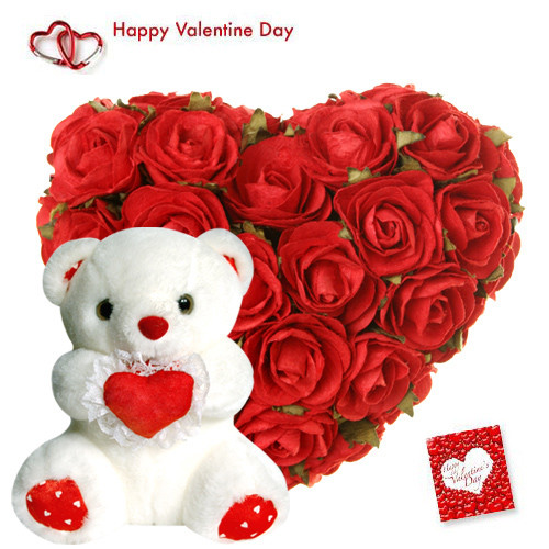 Love Filled Present - Red Heart Shape Arrangement 30 Roses, Teddy with Heart 6" and Card