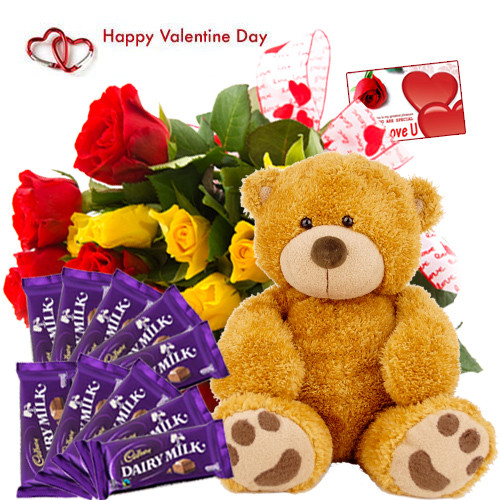 Delicate Present - 12 Red and Yellow Roses, Teddy 6 inch, 10 Dairy Milk 20gms each and Card