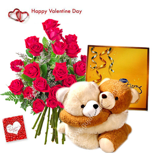 Love Symbol - 50 Red Roses in Bunch, Couple Teddy 8", Cadbury Celebration and Card