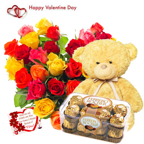Lovely Heart - Heart Shape Arrangement 50 Mix Roses, Ferrero Rocher16 Pcs, 6" Teddy and Card