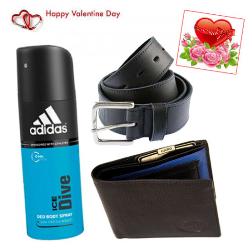Leather Belt n Wallet with Deo - Leather Wallet, Belt, Addidas Deo & Valentine Greeting Card