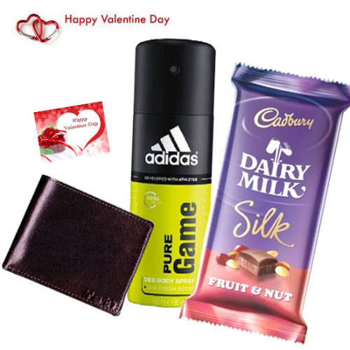 Valentine Fragrance - Leather Wallet, Addidas Deo, Dairy Milk Silk & Valentine Greeting Card