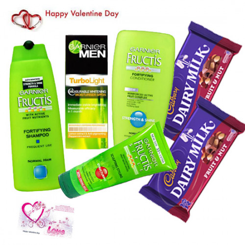Garnier Care - Garnier Fructis Shampoo, Garnier Fructis Conditioner, Garnier Fairness Moisturizer, Garnier Fructis Styling Gel, 2 Cadbury Fruit N Nut & Valentine Greeting Card