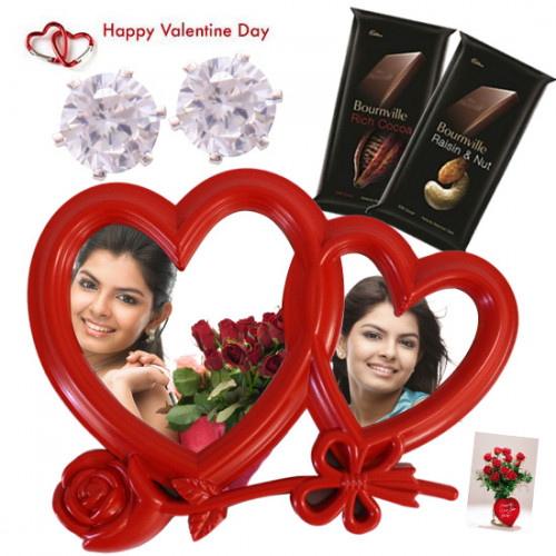 Double Heart Delight - Double Heart Photo Frame, 2 Bournville, Round Solitaire Earings & Valentine Greeting Card