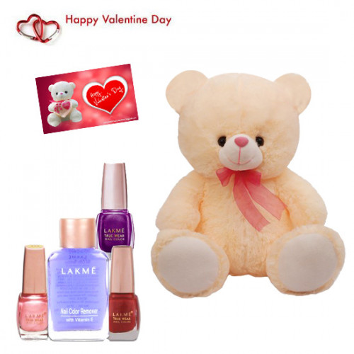 Tender Combo - 1 Lakme Nail Enamel Remover, 3 Nail Paints, Teddy 8"  & Valentine Greeting Card
