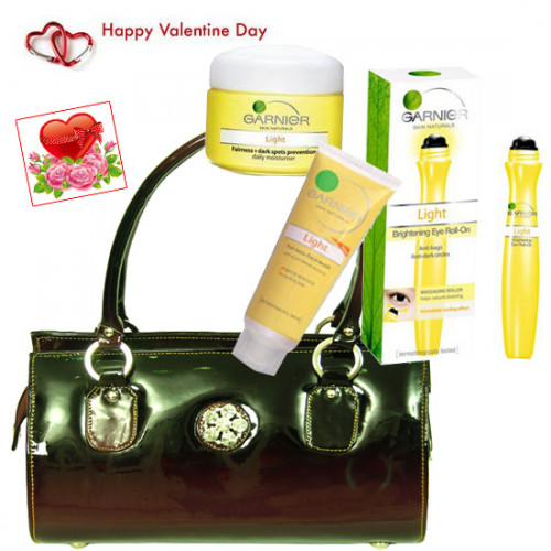 Girl For You - Black Handbag, Garnier Eye Roll On, Garnier Light Daily Moisturizing Cream, Garnier Light Fairness Face Wash & Valentine Greeting Card