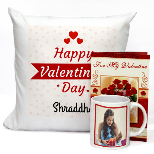 Personalized Hamper - Happy Valentines Day Personalized Cushion, Happy Valentines Day Personalized Mug with Message & Valentine Greeting Card