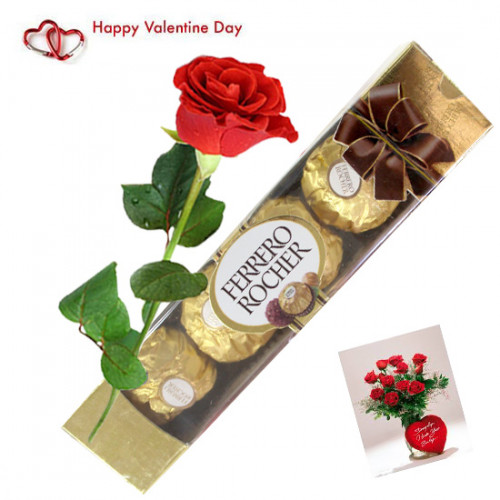 Rose of Love - Ferrero Rocher 4 Pcs, Artificial Red Rose & Card