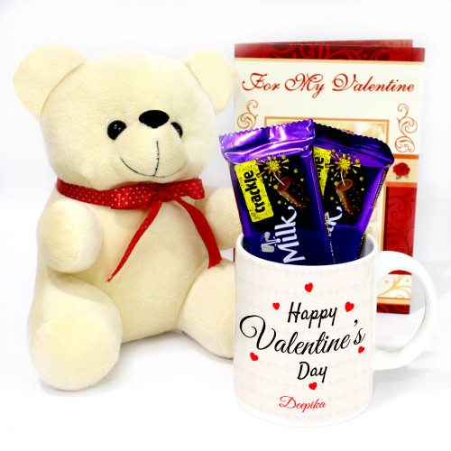 Mug N Crackle - Happy Valentines Day Personalized Mug, 2 Dairy Milk Crackle, Teddy 6 inch & Card