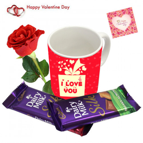 Mug Silk Rose - I love You Personalized Mug, 2 Dairy Milk Silk, Artificial Red Rose & Card